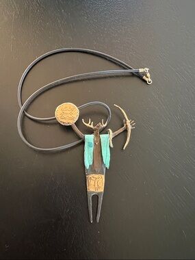 Highly Collect Carved Deer Antler Archer Pendant Necklace with Turquoise Accents